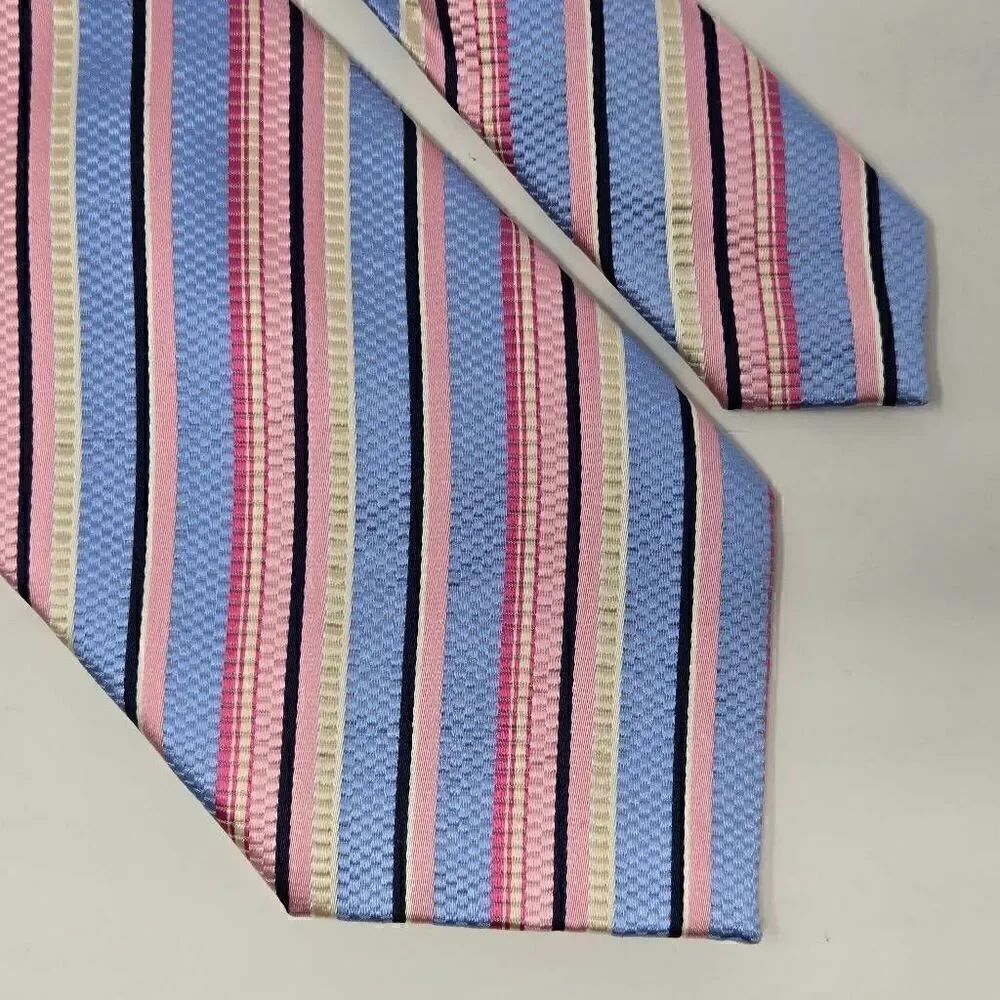 ATESETA FIRENZE ITALY SILK TIE BLUE PINK HEAVY LUXURY SATIN STRIPE 3.75" X 59"